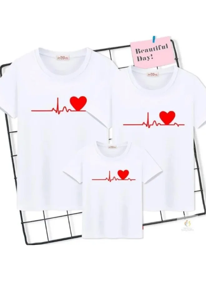 ماتشينج فاميلي اوتفيتس قمصان عائلية متطابقة (باللون الأبيض) بتصميم نبضات القلب | قمصان قطنية مطبوعة بخط قلب لطيف للأم والأب والأطفال | إطلالة عائلية منسقة للصور والعطلات والاستخدام اليومي