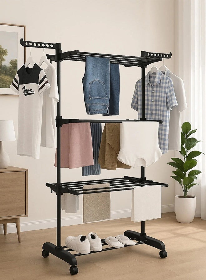 Taimi Foldable 3 Tier Clothes Drying Rack for Laundry Rolling- Black -170X76X50 cm - Image 1