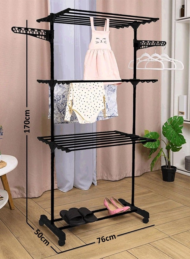 Taimi Foldable 3 Tier Clothes Drying Rack for Laundry Rolling- Black -170X76X50 cm - Image 5