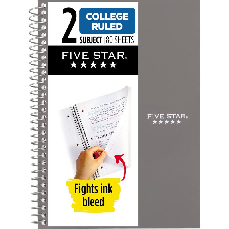 Five Star Spiral Notebook, 2 Subject, College Ruled Paper, 6" x 9-1/2", 80 Sheets, Fights Ink Bleed, Water Resistant Cover, Gray (840029AA3-ECM) - Image 1