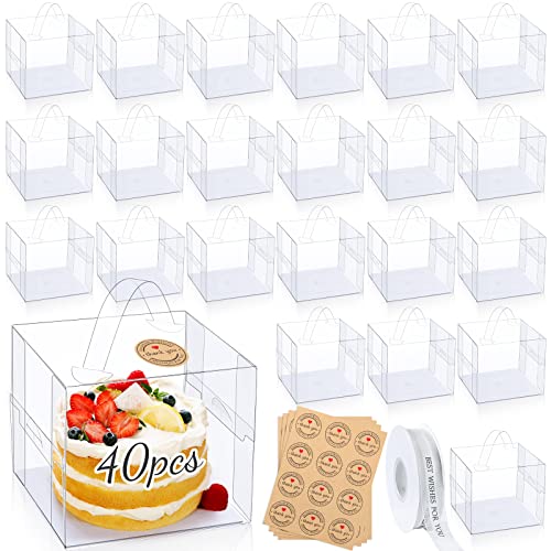 Tatuo 40 Pcs 6 x 6 x 5 Inch Transparent Cake Boxes with Handle and Boards Clear Wedding Cake Boxes for Guests Bakery Cookies Cupcake Dessert Birthday Party Gift - Image 1