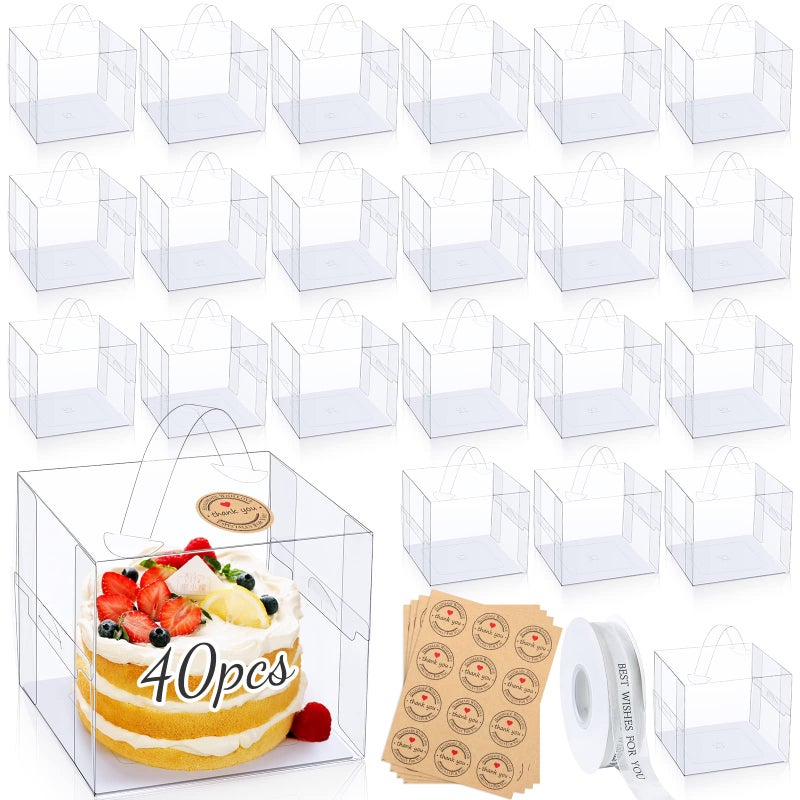 Tatuo 40 Pcs 6 x 6 x 5 Inch Transparent Cake Boxes with Handle and Boards Clear Wedding Cake Boxes for Guests Bakery Cookies Cupcake Dessert Birthday Party Gift - Image 2