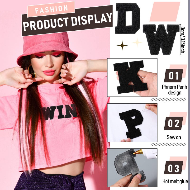 Jutom 104 Pcs Chenille Letters Patches Iron on Large 3.2 H x 2.4 W College Letters Patches Embroidered Trimmed Preppy Alphabet for Clothing Repairing(Black) - Image 2