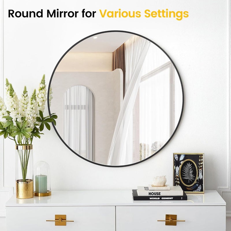 GAOMON 5mm Extra Thick Round Mirror, 24 Inch Round Mirror - Eco-Friendly Matte Black Metal Frame, Perfect for Bathroom, Nursery, Living Room, Vanity - Clear, Safe Reflection, Easy Installation - Image 3
