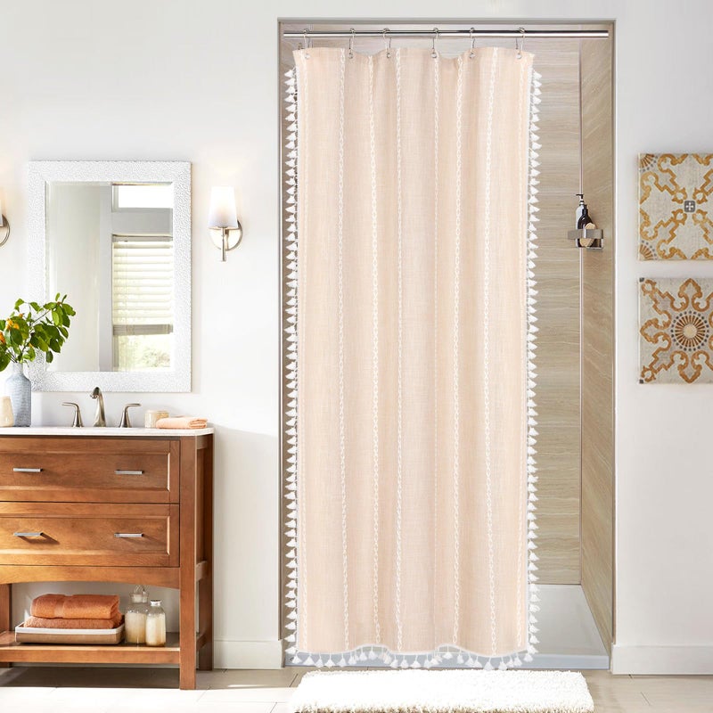 MitoVilla Beige Boho Small Stall Fabric Shower Curtain 36 x 72  Cream Half Size Narrow Cotton Linen Tassel Cloth Shower Curtains for Chic Modern Farmhouse Country Bathroom Decor - Image 1