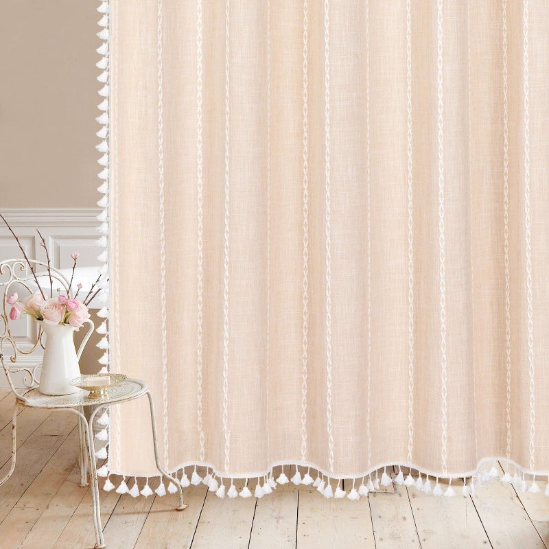 MitoVilla Beige Boho Small Stall Fabric Shower Curtain 36 x 72  Cream Half Size Narrow Cotton Linen Tassel Cloth Shower Curtains for Chic Modern Farmhouse Country Bathroom Decor - Image 5