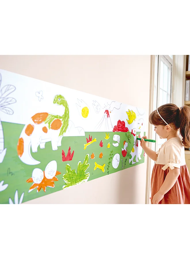 هيب HAPE Dinosaur Doodle Paper Roll for Kids 3Y+ – Self‑Adhesive 40 × 520 cm Art Canvas with 4 Wax Crayons
