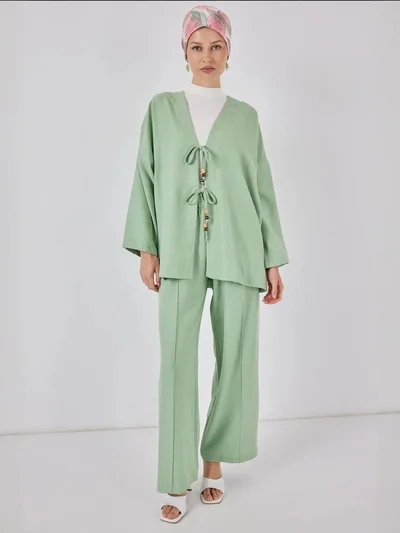 BIG DART BDART Linen Blend Binding Detailed Cardigan and Rib Detail Wide Leg Pants Set