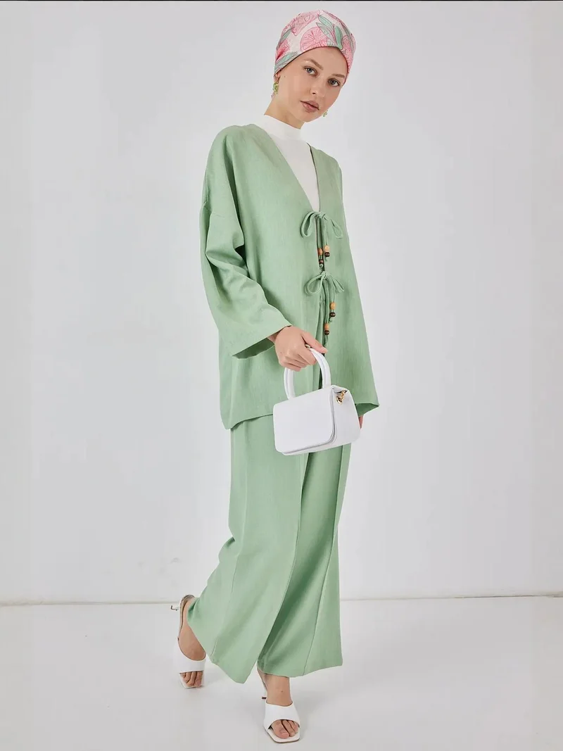 BIG DART BDART Linen Blend Binding Detailed Cardigan and Rib Detail Wide Leg Pants Set