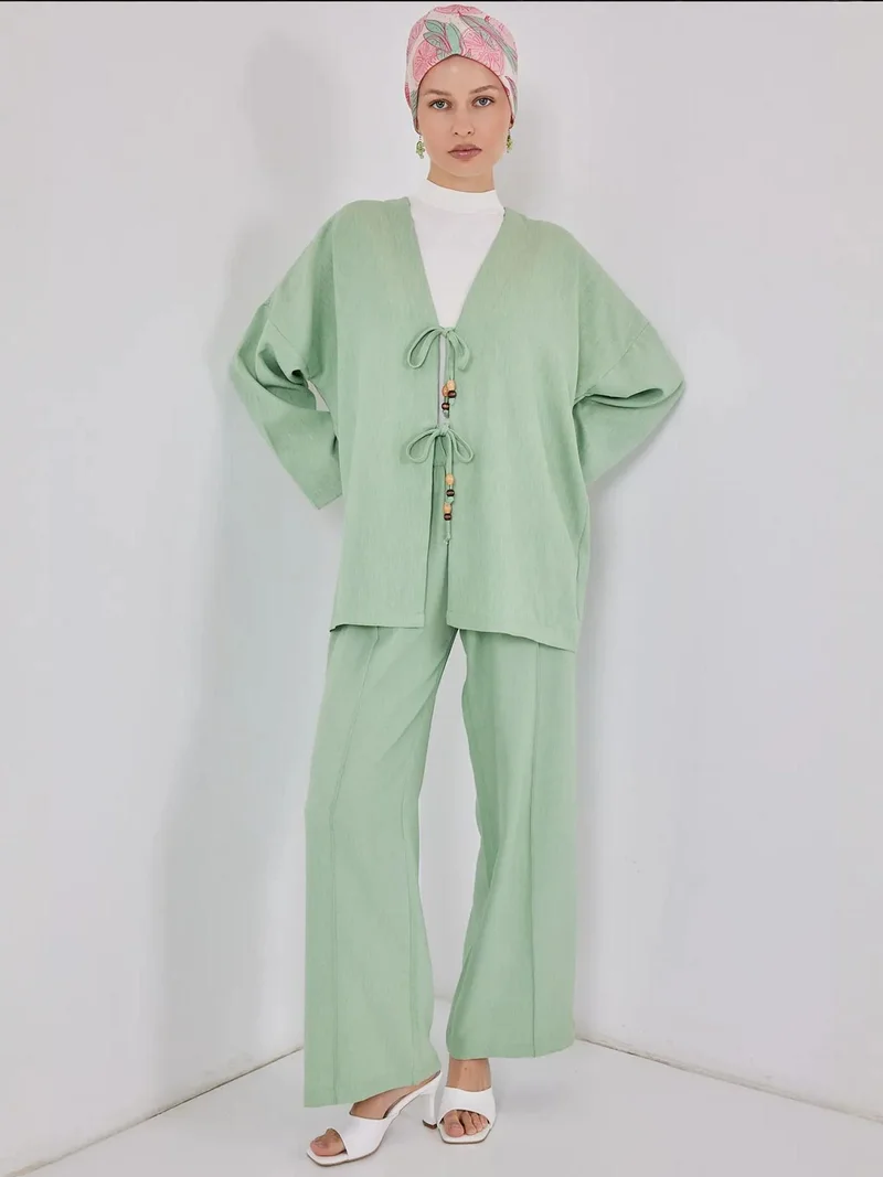 BIG DART BDART Linen Blend Binding Detailed Cardigan and Rib Detail Wide Leg Pants Set