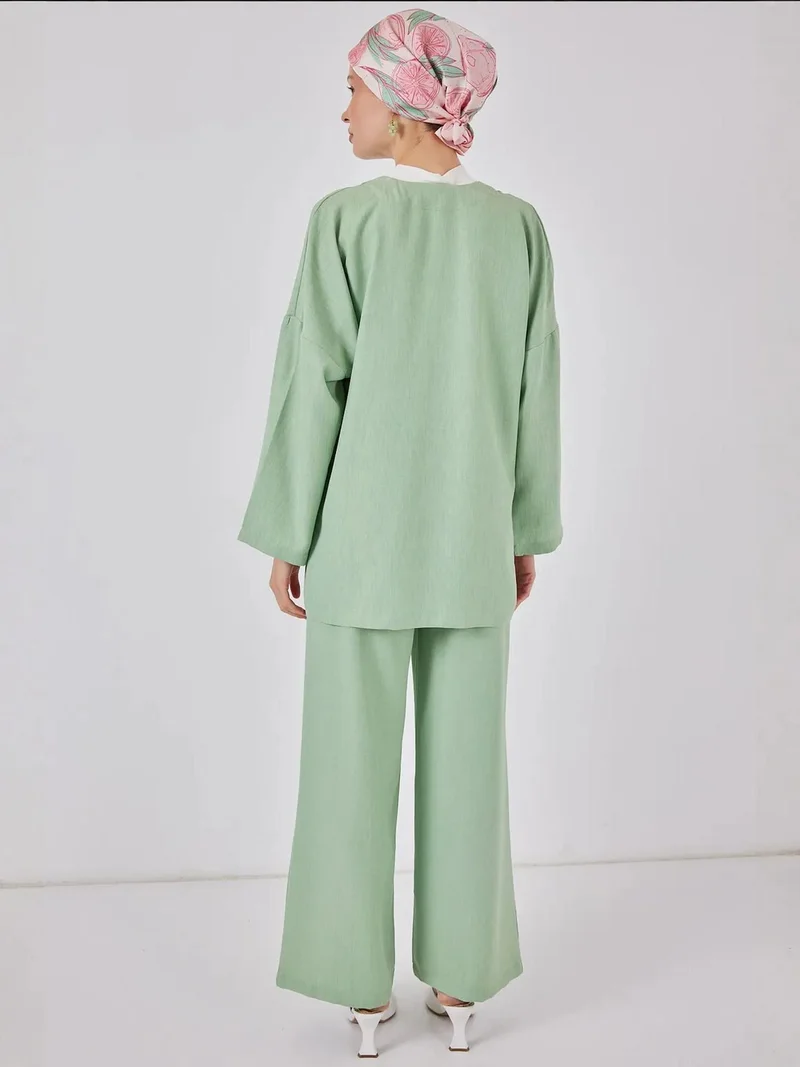 BIG DART BDART Linen Blend Binding Detailed Cardigan and Rib Detail Wide Leg Pants Set