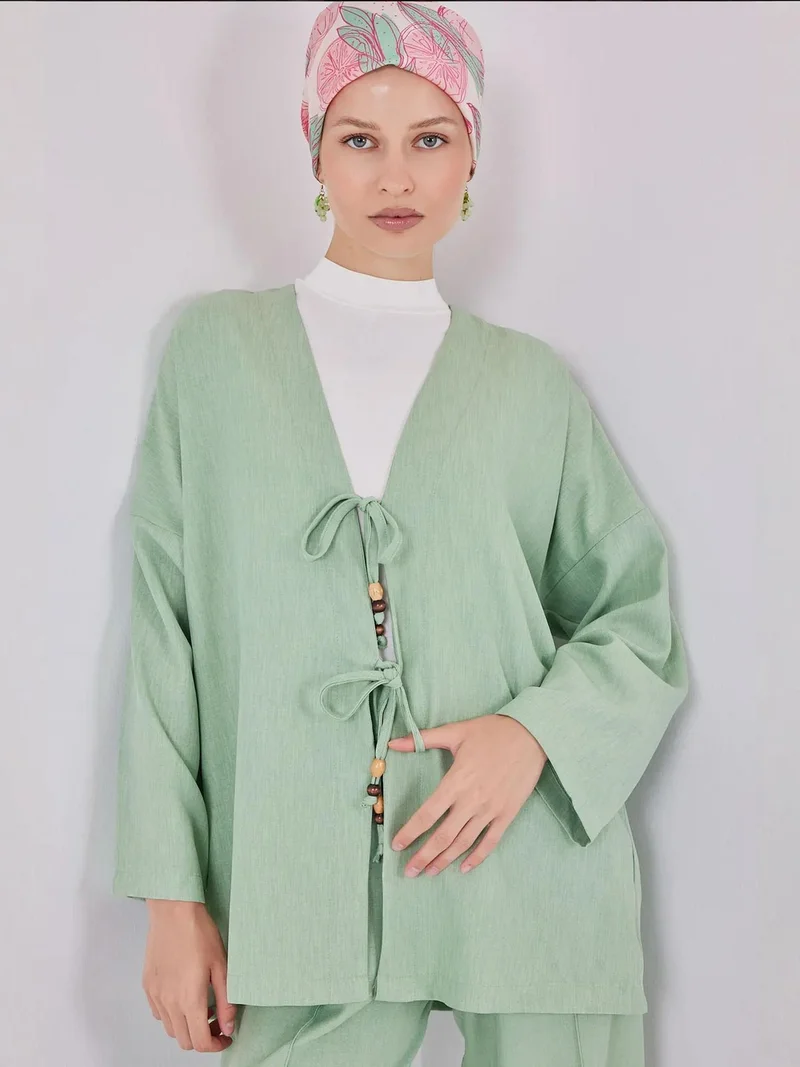 بيغ دارت طقم كارديجان برباط كتان وبنطلون واسع الساق بتفاصيل مضلعة