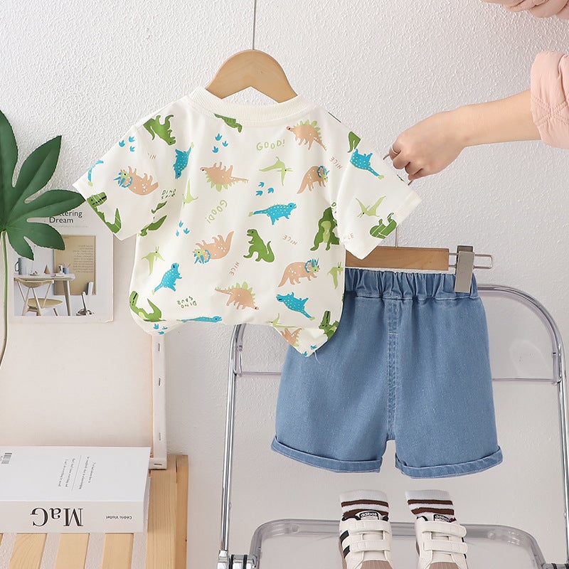 Children'S T-Shirt Boys' Short-Sleeved Baby Cotton Top Summer Wear Children'S Wear Western Style Full Print Dinosaur Crewneck Children'S Two-Piece Set 1 - Image 5