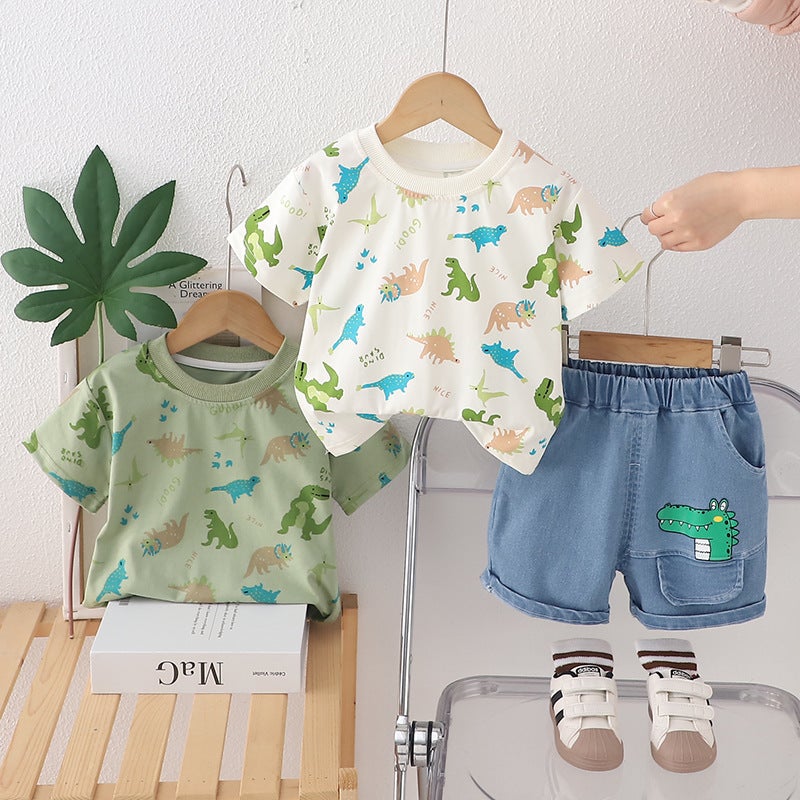 Children'S T-Shirt Boys' Short-Sleeved Baby Cotton Top Summer Wear Children'S Wear Western Style Full Print Dinosaur Crewneck Children'S Two-Piece Set 1 - Image 2