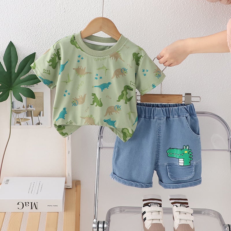 Children'S T-Shirt Boys' Short-Sleeved Baby Cotton Top Summer Wear Children'S Wear Western Style Full Print Dinosaur Crewneck Children'S Two-Piece Set 1 - Image 3