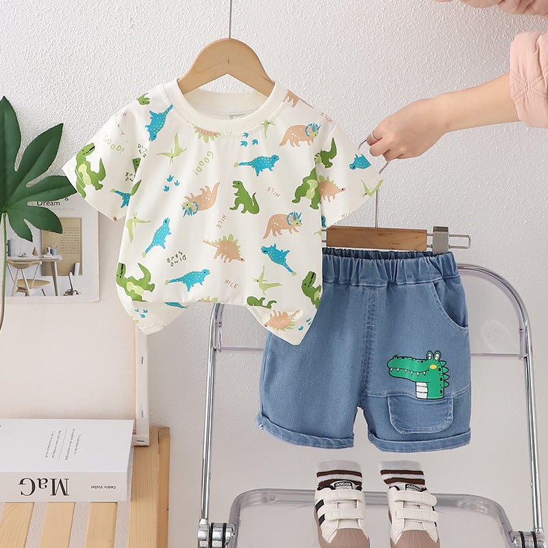 Children'S T-Shirt Boys' Short-Sleeved Baby Cotton Top Summer Wear Children'S Wear Western Style Full Print Dinosaur Crewneck Children'S Two-Piece Set 1 - Image 4
