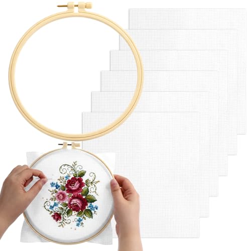 Zyghjort 6 Pcs Cross Stitch Fabric with 1 Embroidery Hoop 11 Count PreCut White Embroidery Fabric Squares Include 63 OD Hoop Cross Stitch Supplies for Home DIY Handicrafts Needlework Decoration Crafts - Image 1