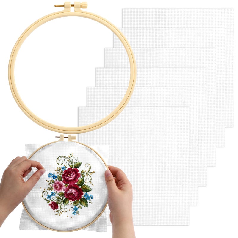 Zyghjort 6 Pcs Cross Stitch Fabric with 1 Embroidery Hoop 11 Count PreCut White Embroidery Fabric Squares Include 63 OD Hoop Cross Stitch Supplies for Home DIY Handicrafts Needlework Decoration Crafts - Image 3