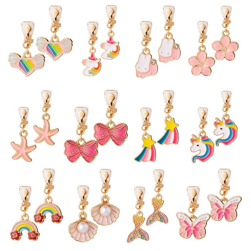 PASEMM 12 Pairs Kids Clip-on Earrings - Cute Unicorn Designs, Non-Pierced Dress Up Alloy Jewelry for 4-12 Year Old Girls Birthday Christmas Valentine's Day Holiday Gifts,Party favors Kids Toys - Image 1