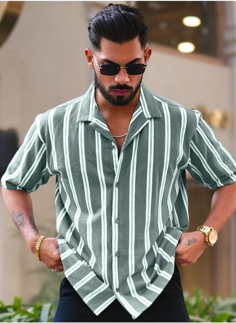 Maniac Maniac Mens Vertical Stripes Half Sleeve Terry Fabric Green Slim Fit Shirt  - Image 1