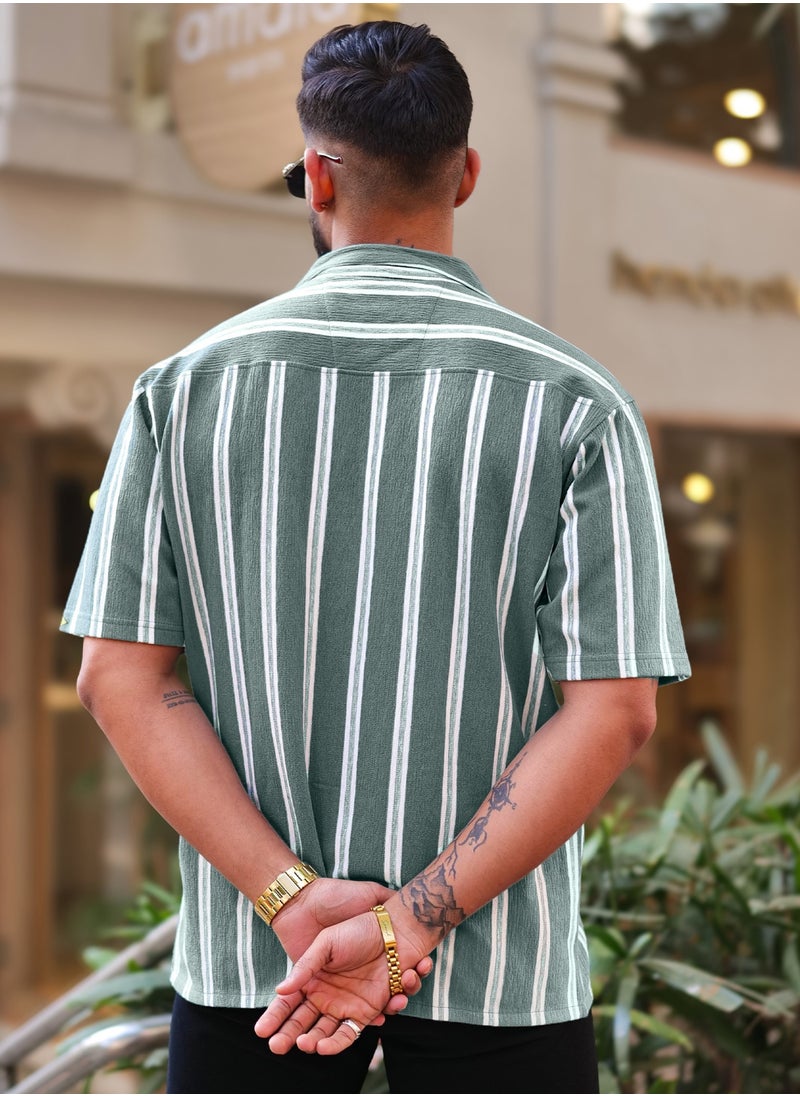 Maniac Maniac Mens Vertical Stripes Half Sleeve Terry Fabric Green Slim Fit Shirt  - Image 4