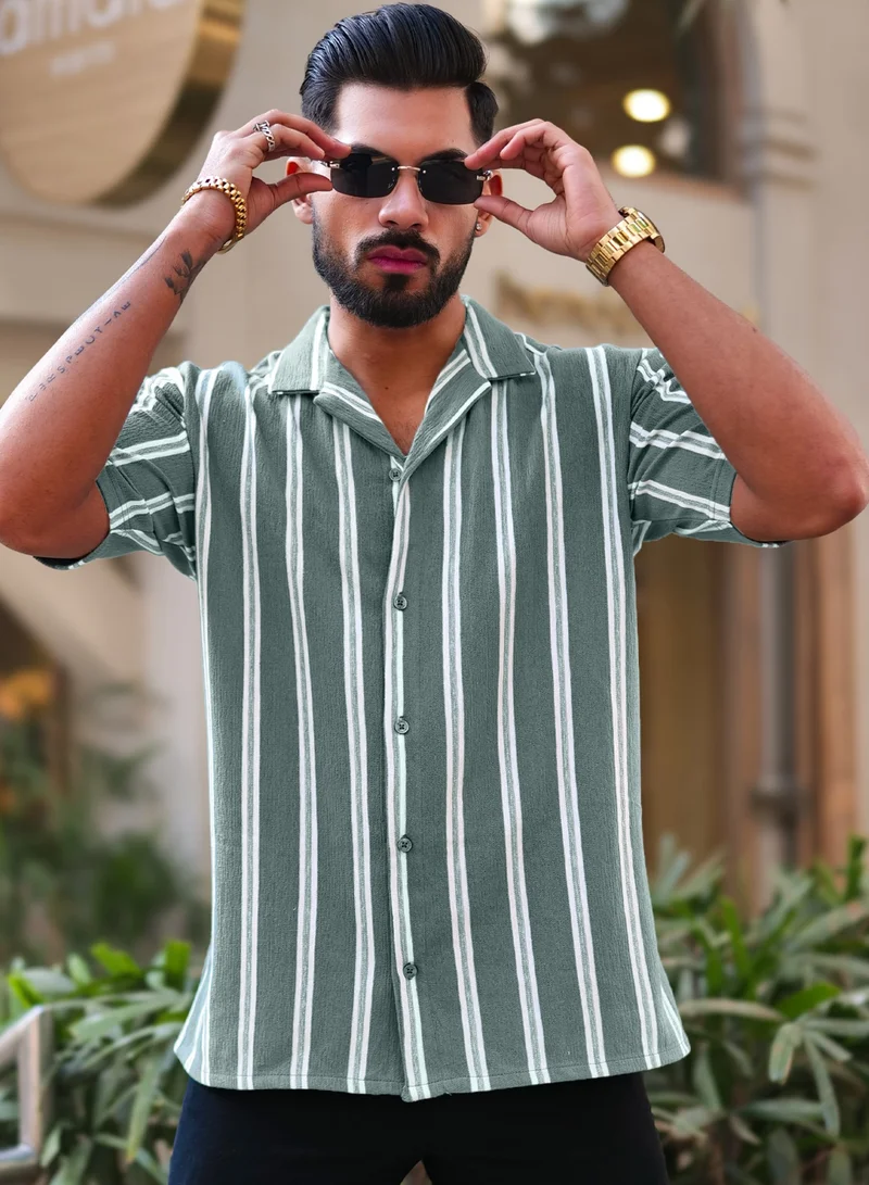 مانياك Maniac Mens Vertical Stripes Half Sleeve Terry Fabric Green Slim Fit Shirt