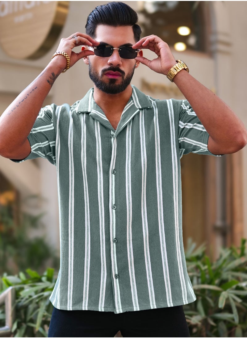 Maniac Maniac Mens Vertical Stripes Half Sleeve Terry Fabric Green Slim Fit Shirt  - Image 2