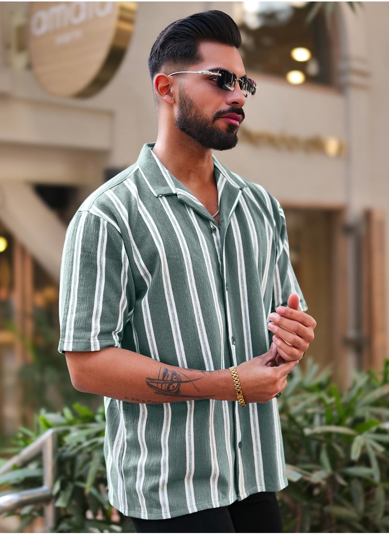 Maniac Maniac Mens Vertical Stripes Half Sleeve Terry Fabric Green Slim Fit Shirt  - Image 3