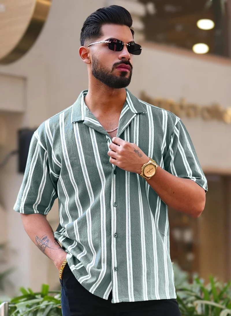 مانياك Maniac Mens Vertical Stripes Half Sleeve Terry Fabric Green Slim Fit Shirt