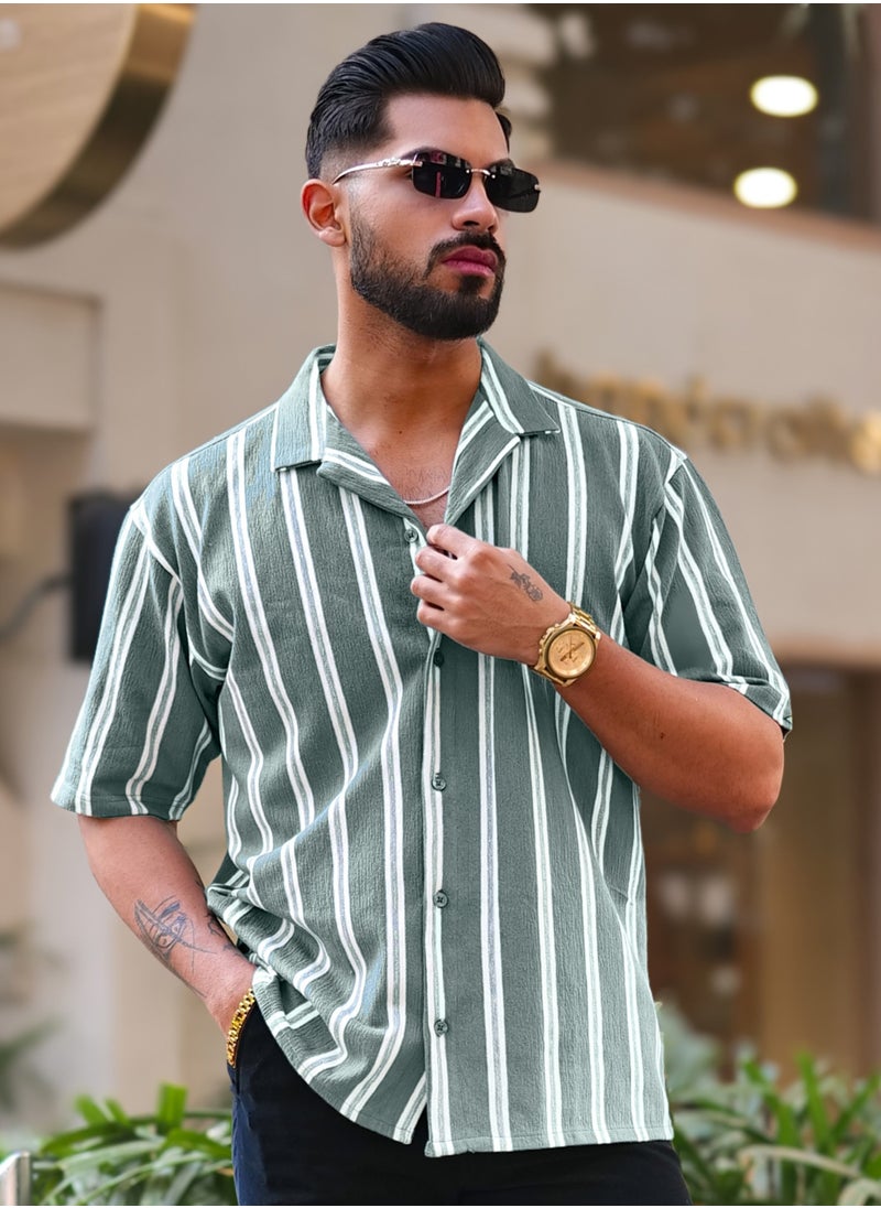 Maniac Maniac Mens Vertical Stripes Half Sleeve Terry Fabric Green Slim Fit Shirt  - Image 5
