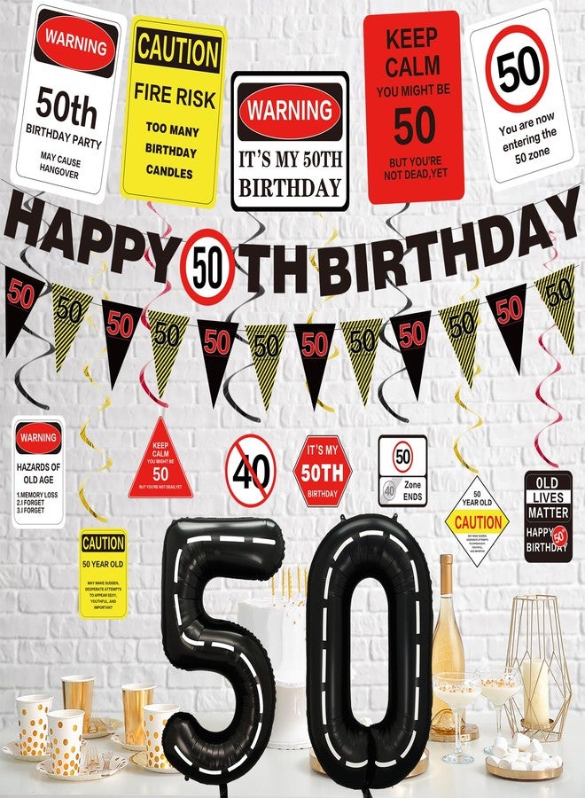 Roetyce 50th Birthday Party Decorations Men Women, Caution Logos 50th Birthday Banner Balloons Hanging Swirls Kit, Funny 50 Years Old Wall Signs for Adults, Happy 50th Birthday 50 Zone Backdrop Decor - Image 3