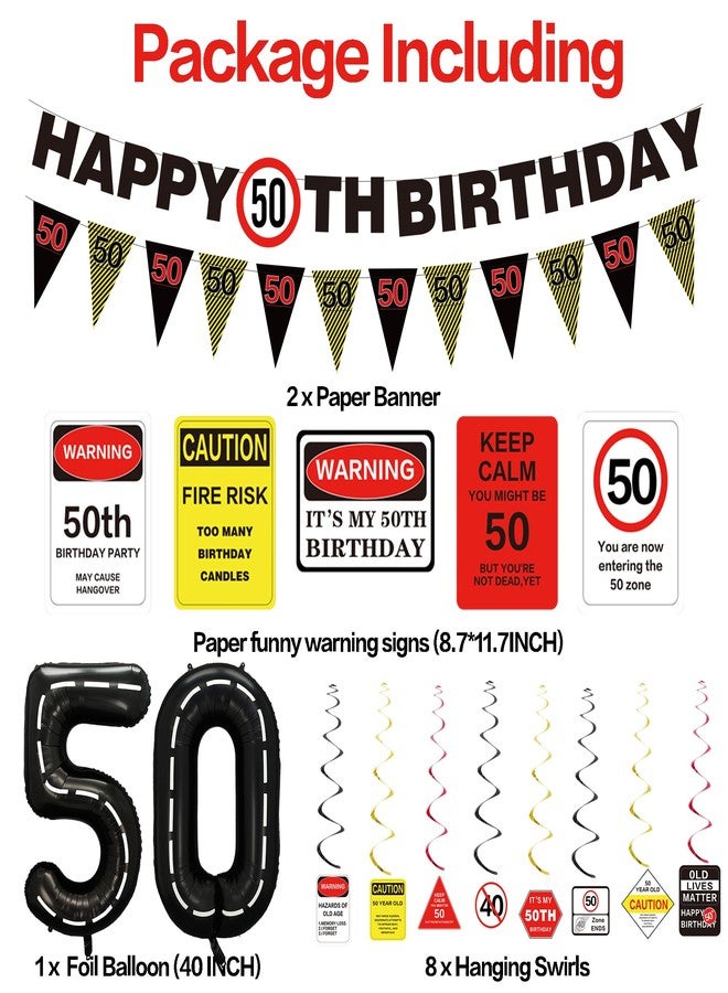 Roetyce 50th Birthday Party Decorations Men Women, Caution Logos 50th Birthday Banner Balloons Hanging Swirls Kit, Funny 50 Years Old Wall Signs for Adults, Happy 50th Birthday 50 Zone Backdrop Decor - Image 2