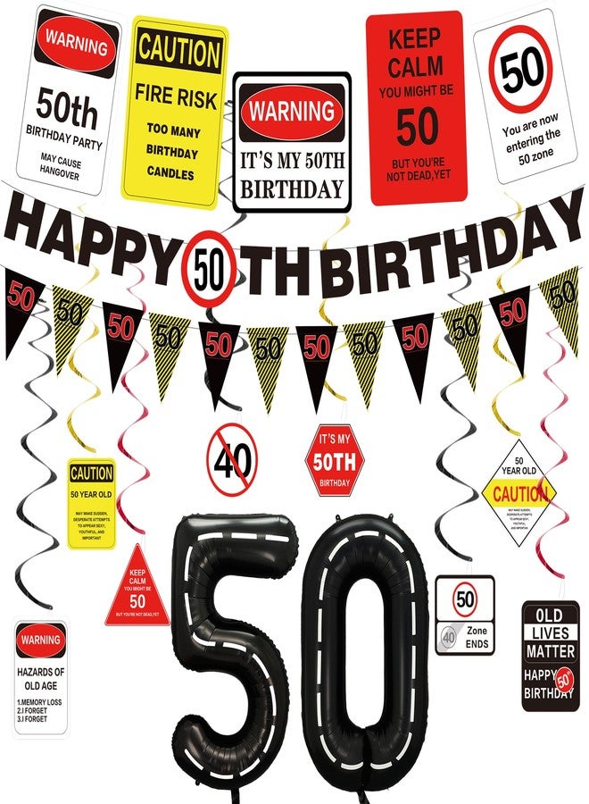 Roetyce 50th Birthday Party Decorations Men Women, Caution Logos 50th Birthday Banner Balloons Hanging Swirls Kit, Funny 50 Years Old Wall Signs for Adults, Happy 50th Birthday 50 Zone Backdrop Decor - Image 1