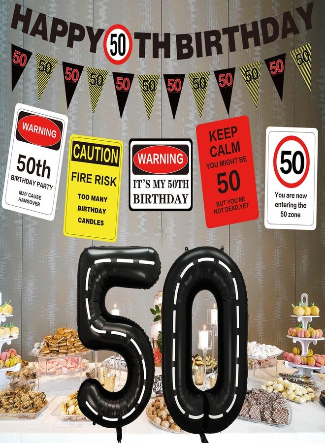 Roetyce 50th Birthday Party Decorations Men Women, Caution Logos 50th Birthday Banner Balloons Hanging Swirls Kit, Funny 50 Years Old Wall Signs for Adults, Happy 50th Birthday 50 Zone Backdrop Decor - Image 5