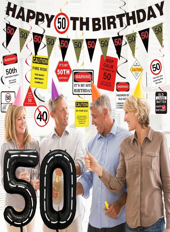 Roetyce 50th Birthday Party Decorations Men Women, Caution Logos 50th Birthday Banner Balloons Hanging Swirls Kit, Funny 50 Years Old Wall Signs for Adults, Happy 50th Birthday 50 Zone Backdrop Decor - Image 4
