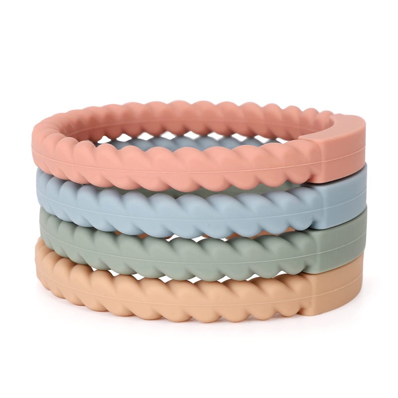Socub Silicone Baby Teether Toy 4 Pack BPA Free Soft Silicone Teether Bracelets for 3Month Babies Wearable as Bracelets Baby Chew Toy SageEtherMutedApricot