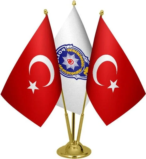 ساترنديزاين Desktop Police Logo Flag Turkish Flag Triple Brass Pole Table Flag Set