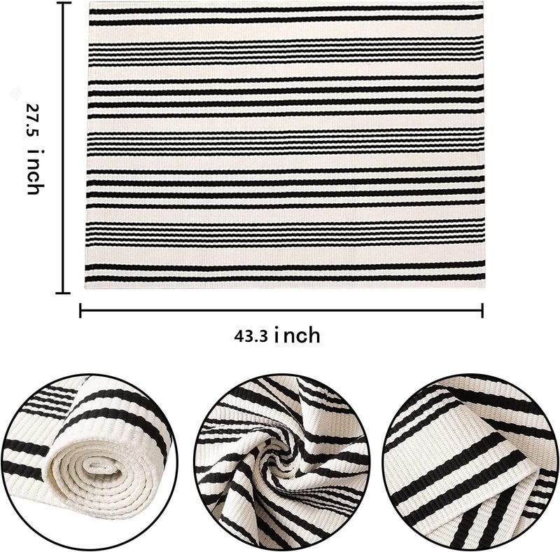 BUAGETUP Black and White Layered Doormat,27.5x43.3inch Striped Outdoor Rug Hand Woven Cotton Indoor Outdoor Rug for Porch Layered - Image 2