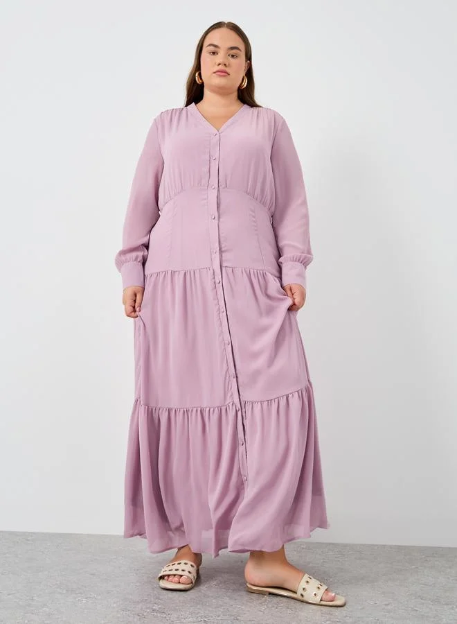 ستايلي Styli Plus Size Solid Balloon Sleeves Shirt Maxi Dress