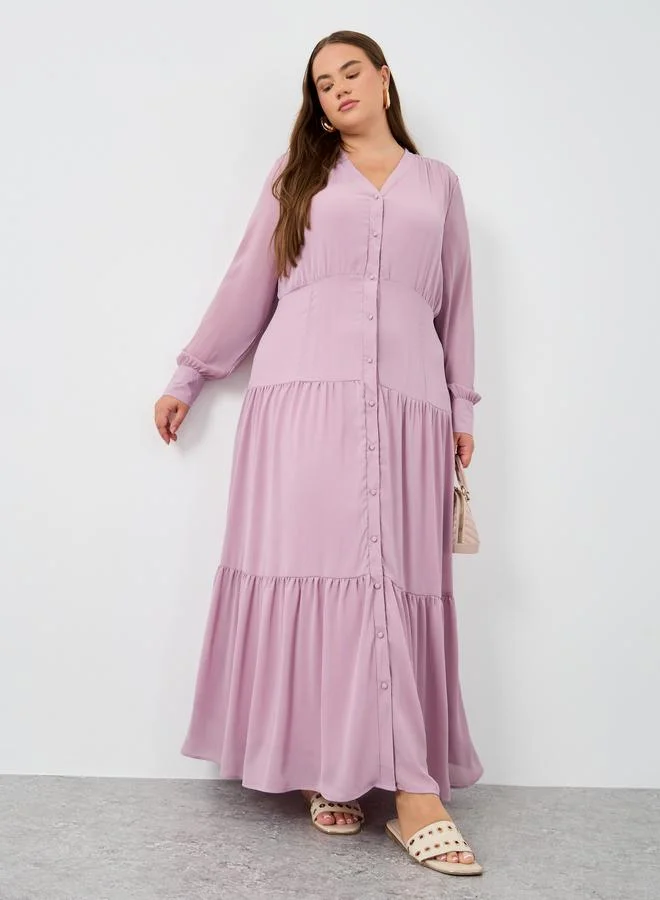 ستايلي Styli Plus Size Solid Balloon Sleeves Shirt Maxi Dress