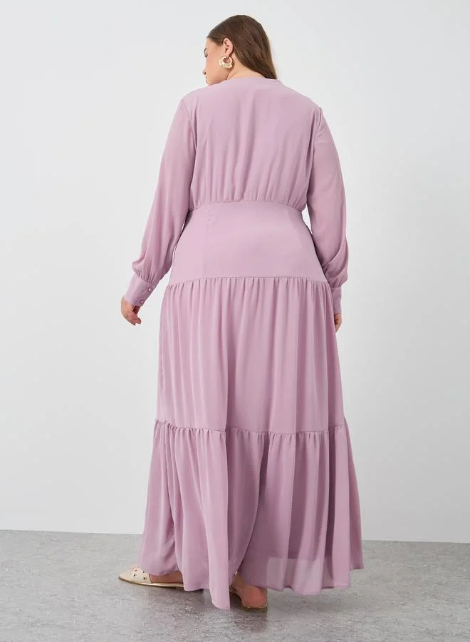 Styli Plus Size Solid Balloon Sleeves Shirt Maxi Dress