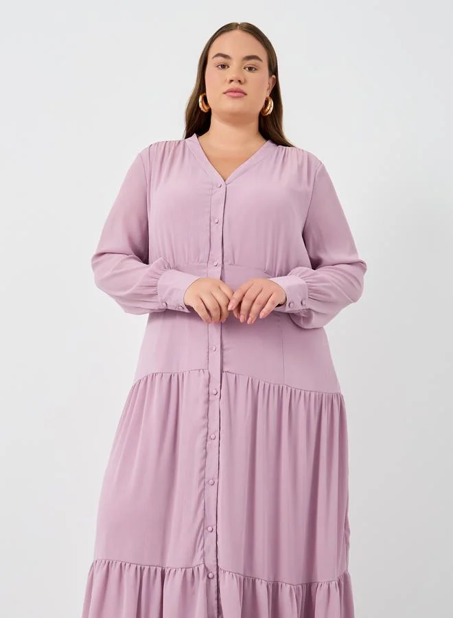Styli Plus Size Solid Balloon Sleeves Shirt Maxi Dress