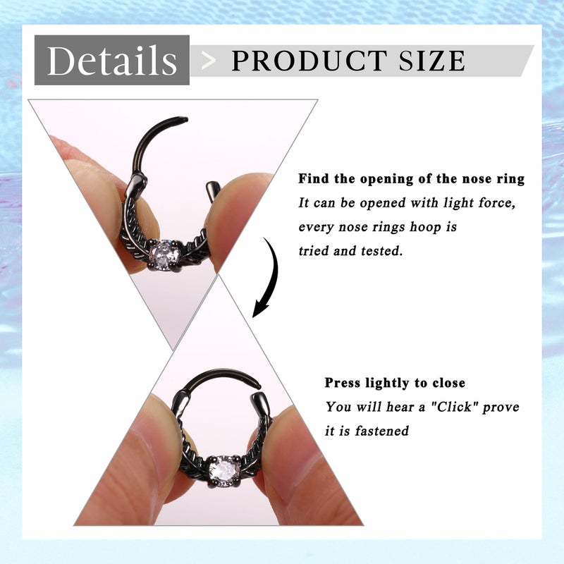 LOYALLOOK 8PCS 16G Septum Clicker Ring Stainless Steel CZ Opal Cartilage Helix Tragus Hoop Daith Earrings Nose Rings Hoop Hinged Segment Clicker Ring Piercing Jewelry Black Tone 8mm - Image 2