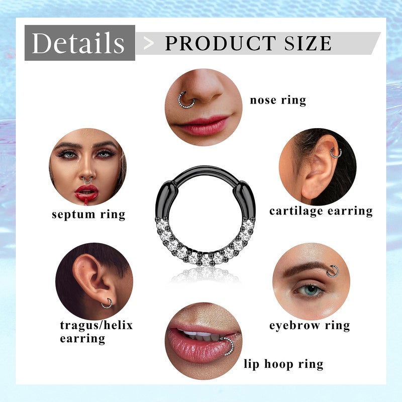 LOYALLOOK 8PCS 16G Septum Clicker Ring Stainless Steel CZ Opal Cartilage Helix Tragus Hoop Daith Earrings Nose Rings Hoop Hinged Segment Clicker Ring Piercing Jewelry Black Tone 8mm - Image 4