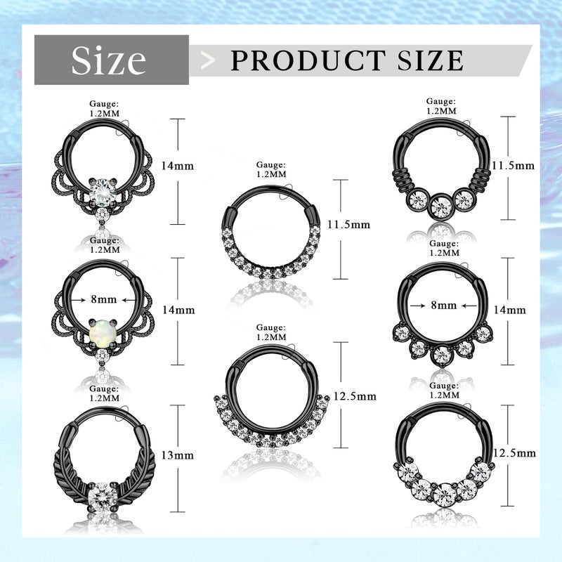 LOYALLOOK 8PCS 16G Septum Clicker Ring Stainless Steel CZ Opal Cartilage Helix Tragus Hoop Daith Earrings Nose Rings Hoop Hinged Segment Clicker Ring Piercing Jewelry Black Tone 8mm - Image 3