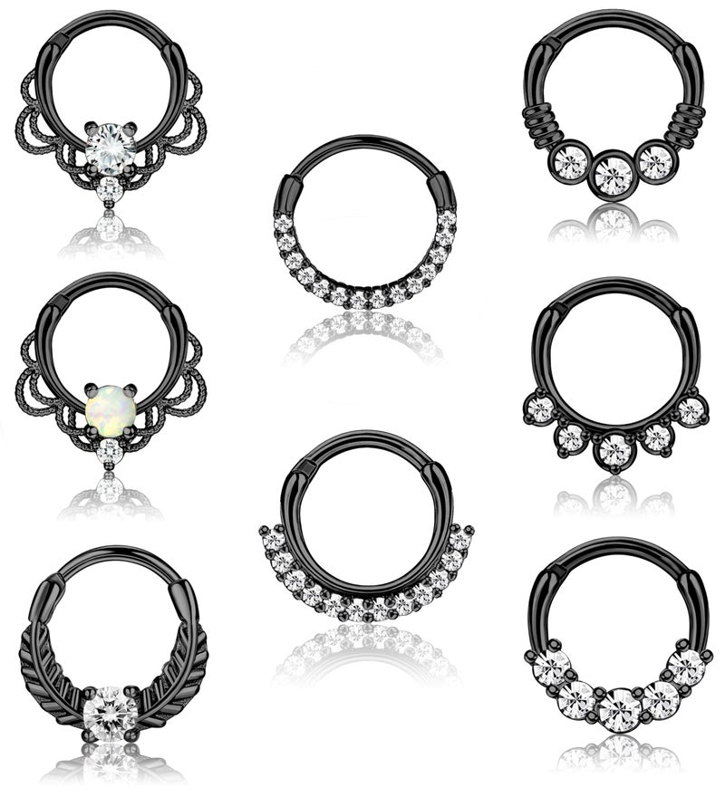 LOYALLOOK 8PCS 16G Septum Clicker Ring Stainless Steel CZ Opal Cartilage Helix Tragus Hoop Daith Earrings Nose Rings Hoop Hinged Segment Clicker Ring Piercing Jewelry Black Tone 8mm - Image 1