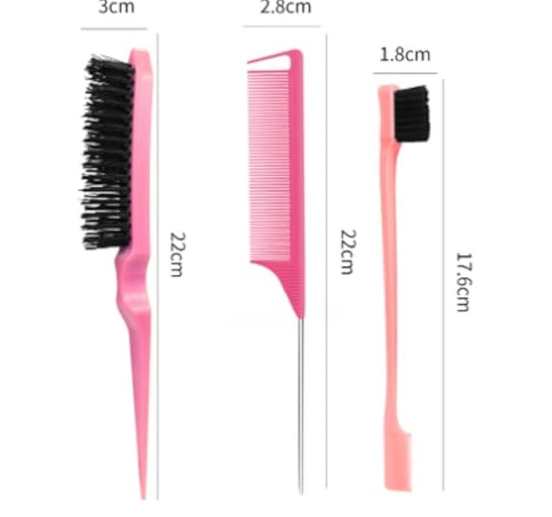 Xiangwenlan Hair Brush Comb Set, Pink,3 Pcs Slick Back Hair Brush Set with Edge Brush, Bristle Brush, Rat Tail Comb, Teasing Brush Set for Smoothing Baby Hair & Flyaways - Pink. - Image 2
