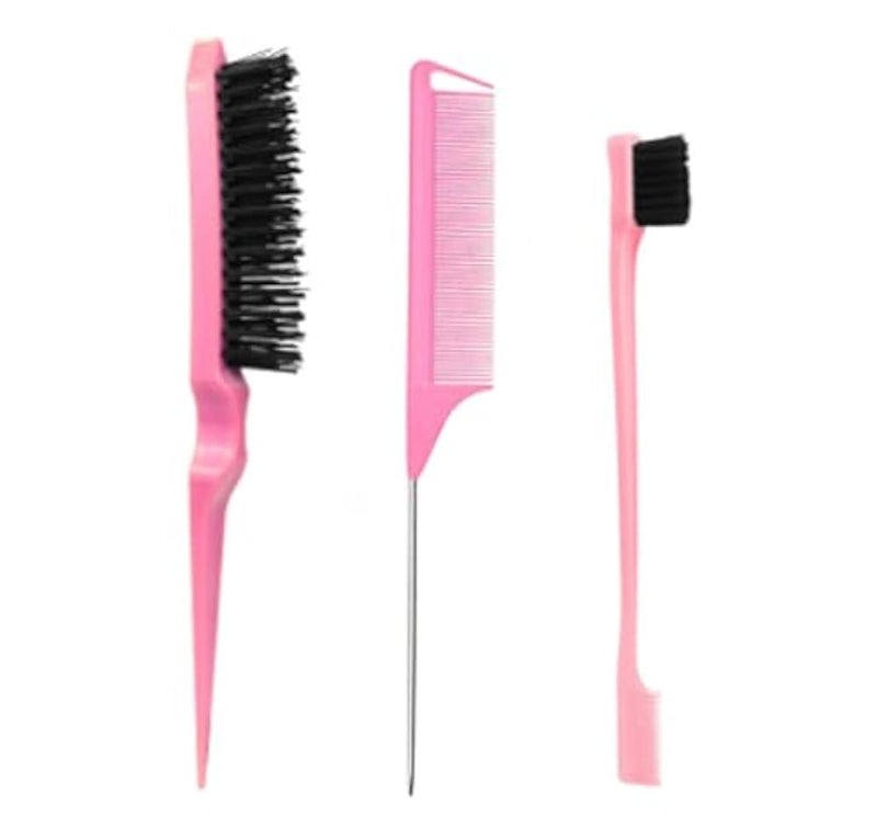 Xiangwenlan Hair Brush Comb Set, Pink,3 Pcs Slick Back Hair Brush Set with Edge Brush, Bristle Brush, Rat Tail Comb, Teasing Brush Set for Smoothing Baby Hair & Flyaways - Pink. - Image 1