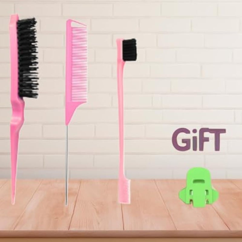 Xiangwenlan Hair Brush Comb Set, Pink,3 Pcs Slick Back Hair Brush Set with Edge Brush, Bristle Brush, Rat Tail Comb, Teasing Brush Set for Smoothing Baby Hair & Flyaways - Pink. - Image 3