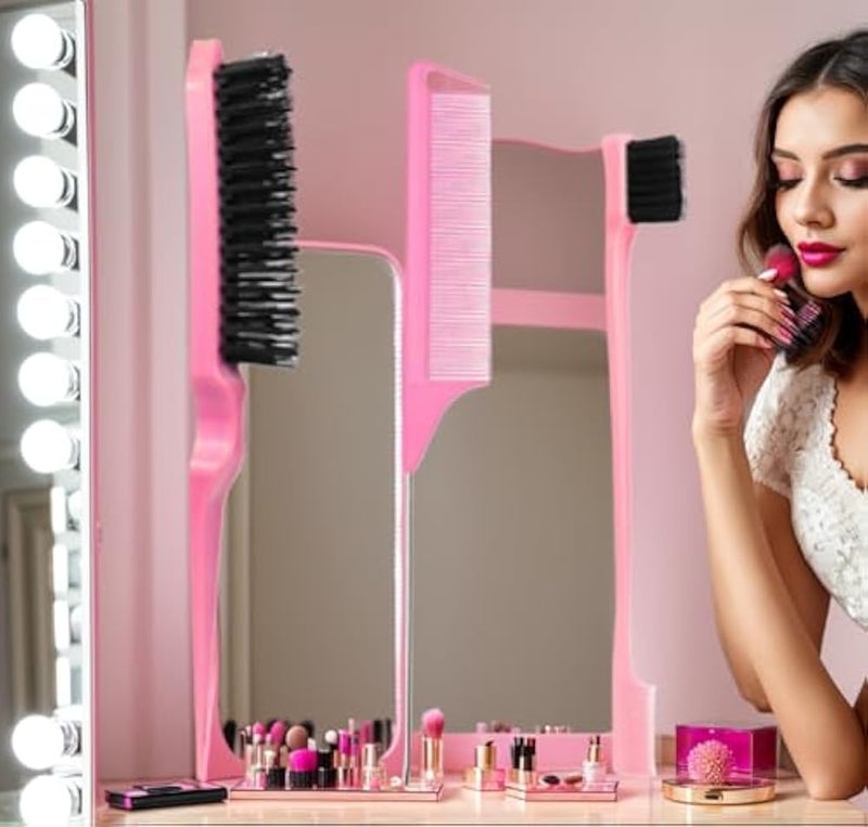 Xiangwenlan Hair Brush Comb Set, Pink,3 Pcs Slick Back Hair Brush Set with Edge Brush, Bristle Brush, Rat Tail Comb, Teasing Brush Set for Smoothing Baby Hair & Flyaways - Pink. - Image 5